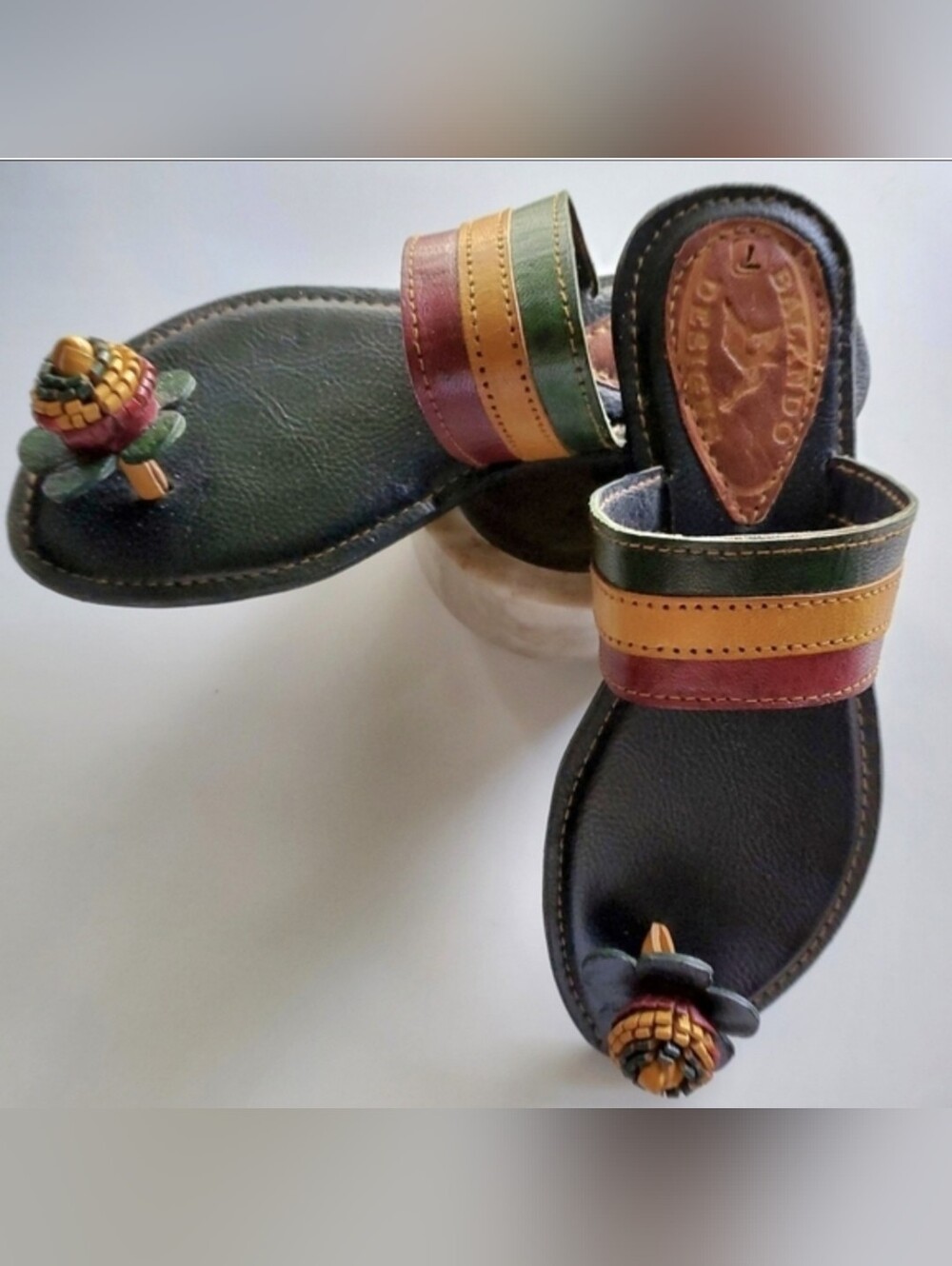 Genuine Leather Sandals with Flower Toe Thong